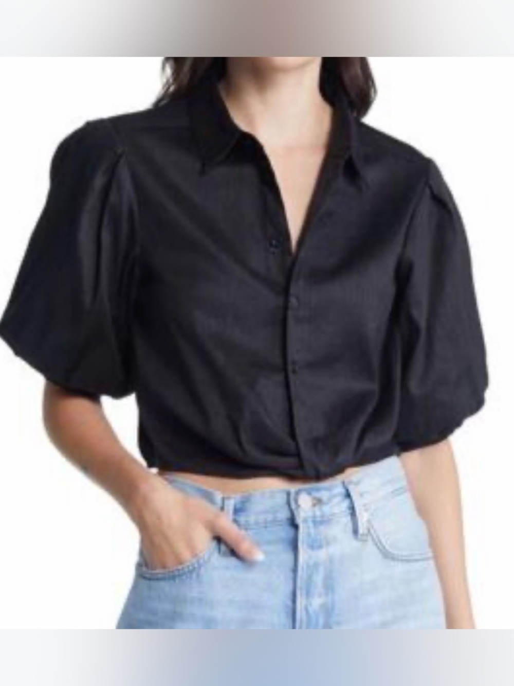 FRAME Voluminous Twist Crop Blouse Black Short Puff Sleeves Medium, Button Front